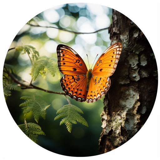 Orange butterfly near forest, infused symbolism style, c-mount lens