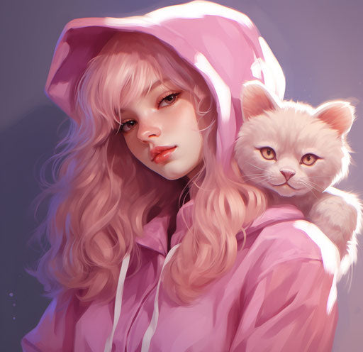 Pink cat teddy bear with blond hair in purple cat hoodie