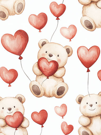 Teddy bear surrounded by heart-shaped balloons