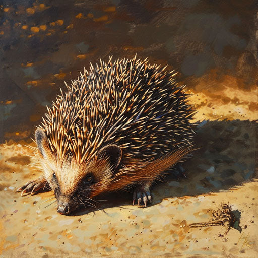 Hedgehog sunbathing, spines casting intricate shadows