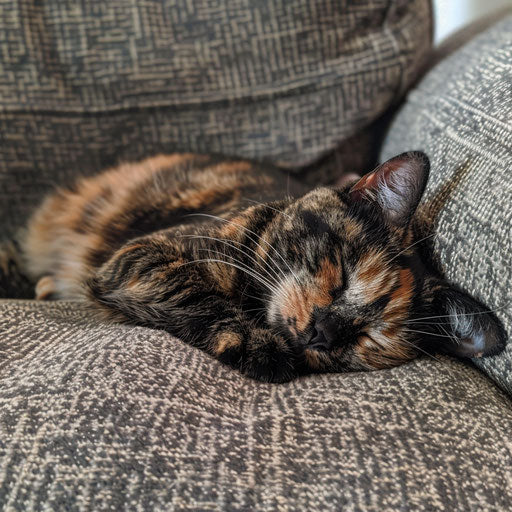 Tortoise cat asleep on a couch