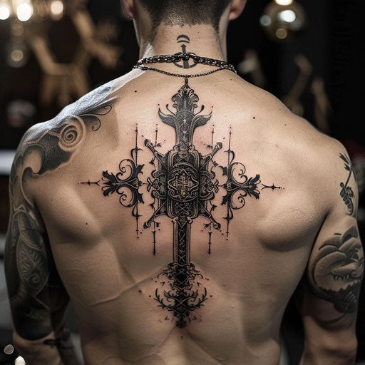 Dark and gritty cross tattoo for men with symbolic motifs