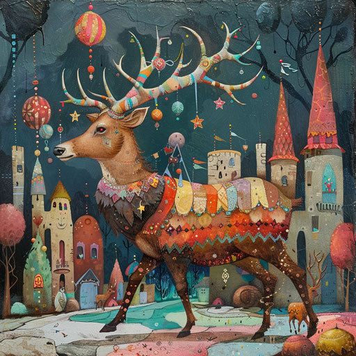 An elk leading a parade in a whimsical animal kingdom