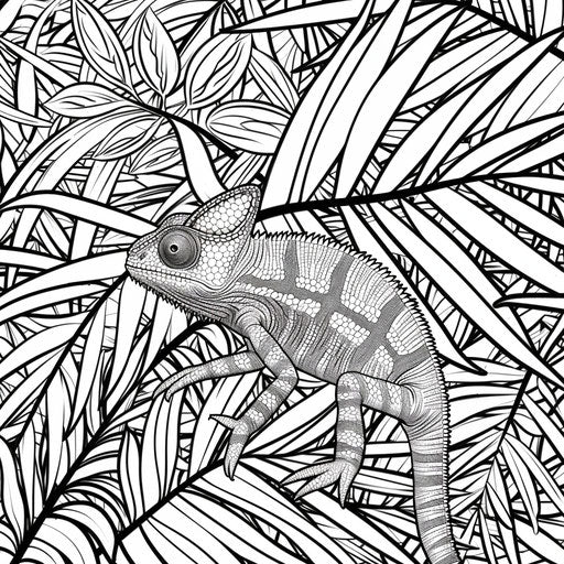 Chameleon blending into a background of tropical leaves. Coloring book page