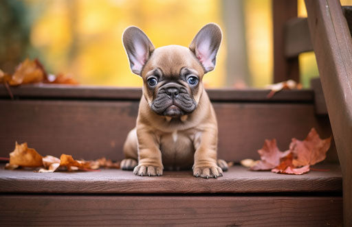 French bulldog puppy near wooden steps