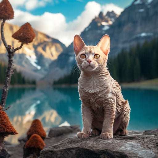 Devon Rex cat sitting in front of mountain scenery