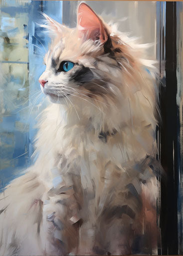 White and blue cat with blue eyes looking outside