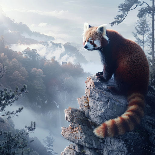Red panda perched overlooking misty valley from rock