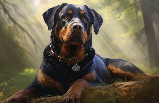 Dog sitting on grass with collar, light red and black style