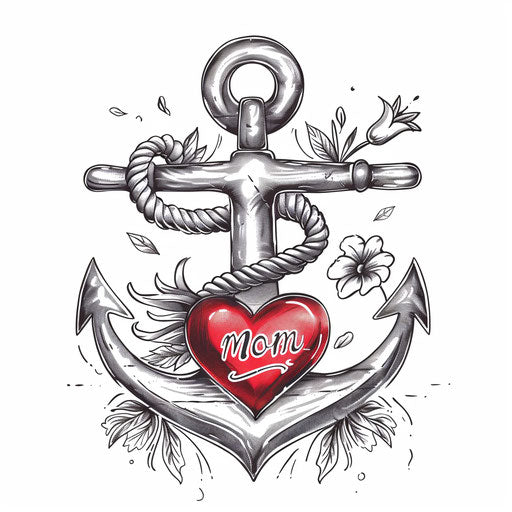 Sailor-inspired anchor tattoo with 'Mom' in heart, vintage American style