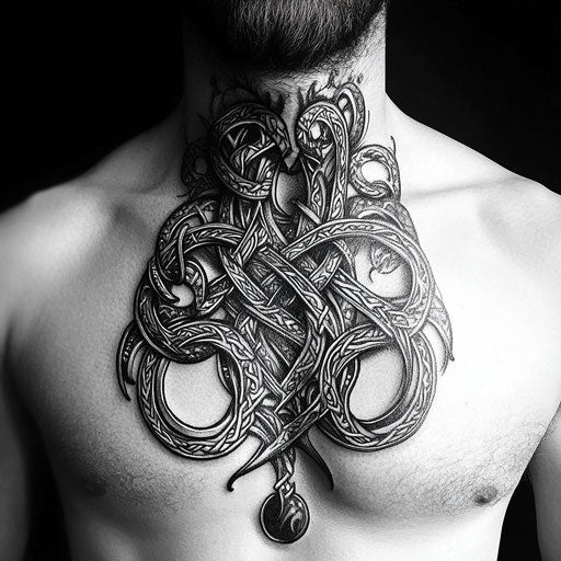 Viking tattoos for men featuring detailed Viking knotwork pattern in the style of Humberto Ramos