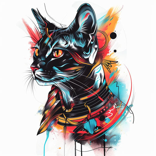 Vibrant and colorful flat tattoo sketch of Bastet as a regal Egyptian goddess