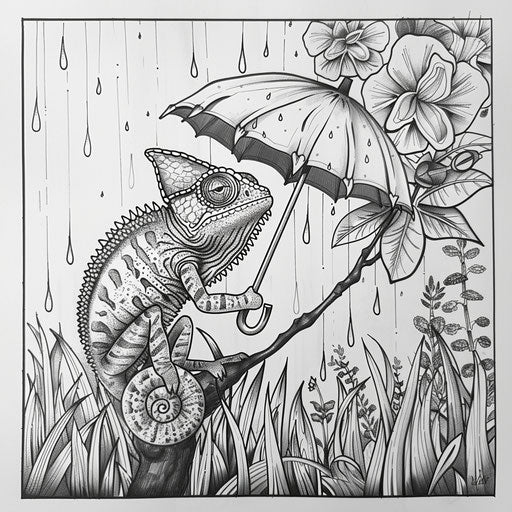 Whimsical chameleon with tiny umbrella in rainstorm