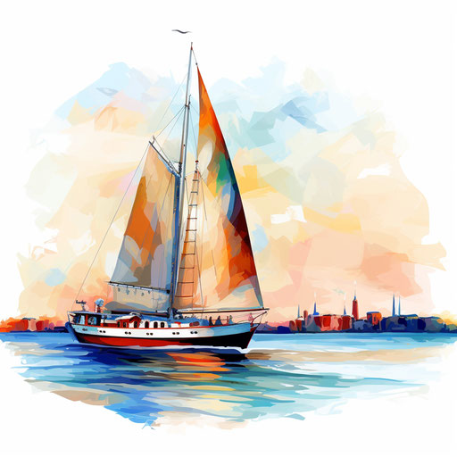 Yacht clipart in the style of Impressionistic Art, on a white background