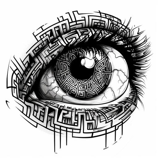 Reflective tattoo sketch of an eyeball with complex iris pattern in monochrome