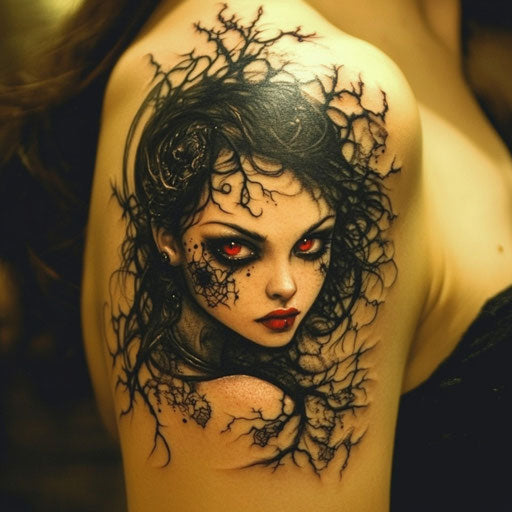 Shoulder tattoos for females with horror themes