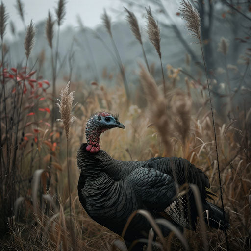 Wild turkey walking through tall grass