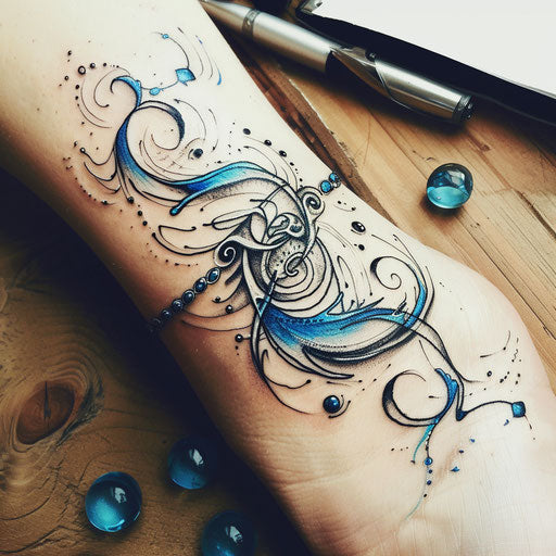 Dynamic flat tattoo sketch of an ankle bracelet with swirling waves and blue hues