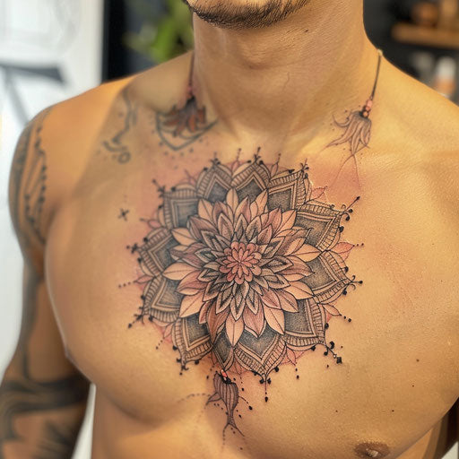 Men's tattoo featuring a floral mandala