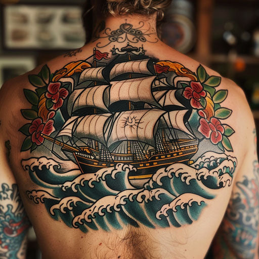 Maritime tattoo with ship and waves