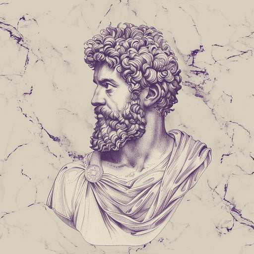 Flat tattoo sketch of Marcus Aurelius with minimalist design and subtle marble textures