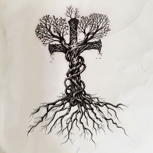 Strength cross tattoo merging with tree of life