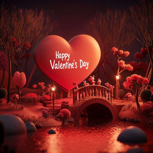 Heart-shaped sculpture with message, romantic landscape