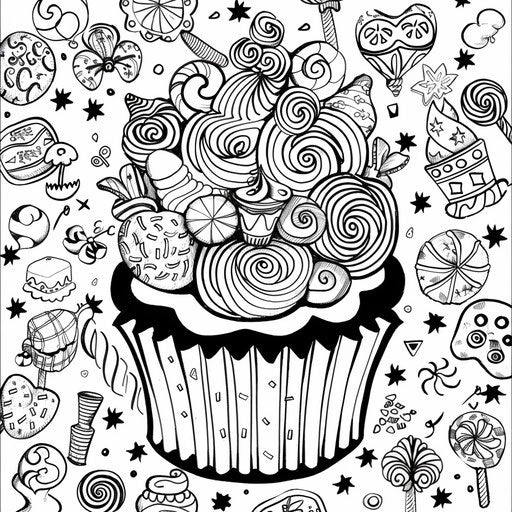 Cupcake surrounded by candy and sweets doodles. Coloring page