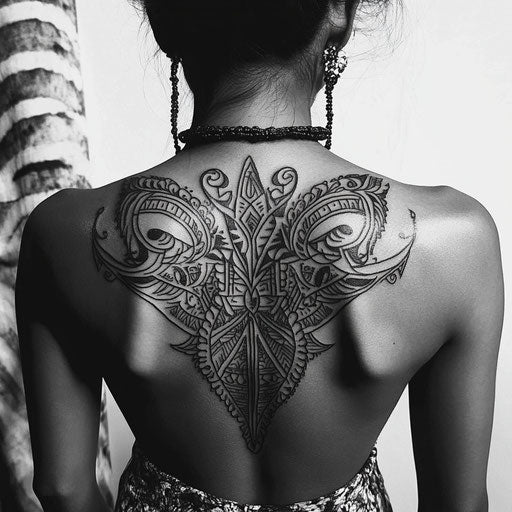 Back tattoo female in the style of Ami James featuring intricate Polynesian tribal patterns