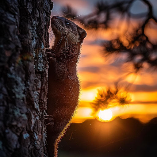 Mink climbing a tree with a stunning sunset