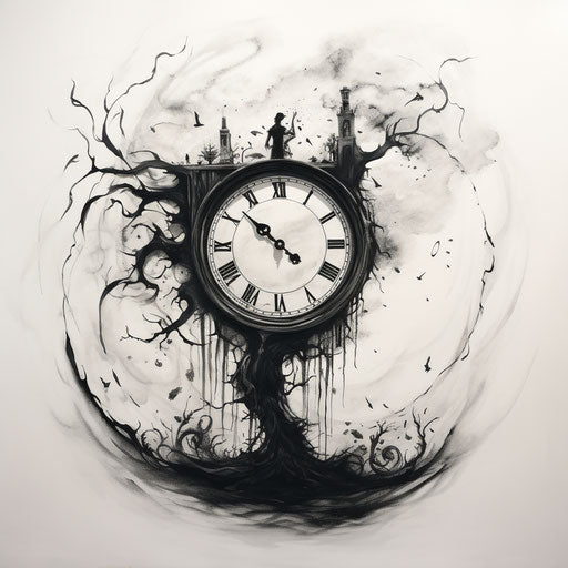 Sketchy black and white clock in the style of Esao Andrews