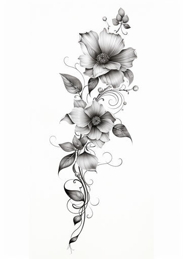 Black flower tattoo design, detailed feather style silver and gray