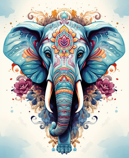 Elephant in traditional headdress, mandala style in light blue and light brown