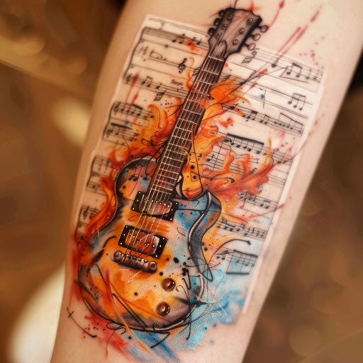 Music fire tattoo, guitar with fiery strings