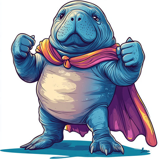 Humorous caricature of a manatee with human characteristics