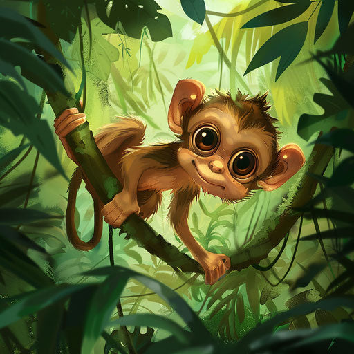 Cute monkey exploring the jungle, in the style of Roeselien Raimond