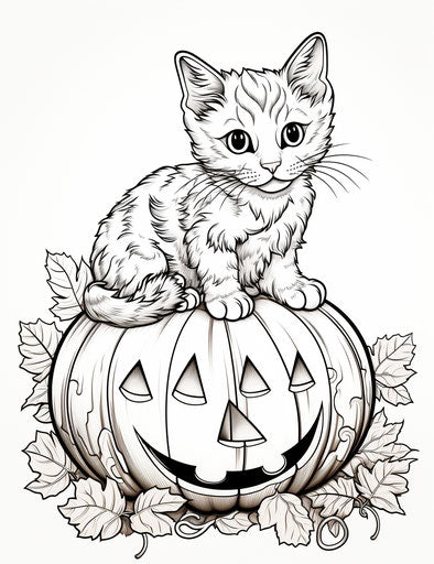 A cat sitting on a pumpkin coloring page
