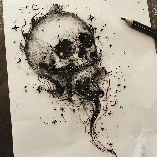 Artistic sketch of a Pluto tattoo with small stars and dark, mystical colors