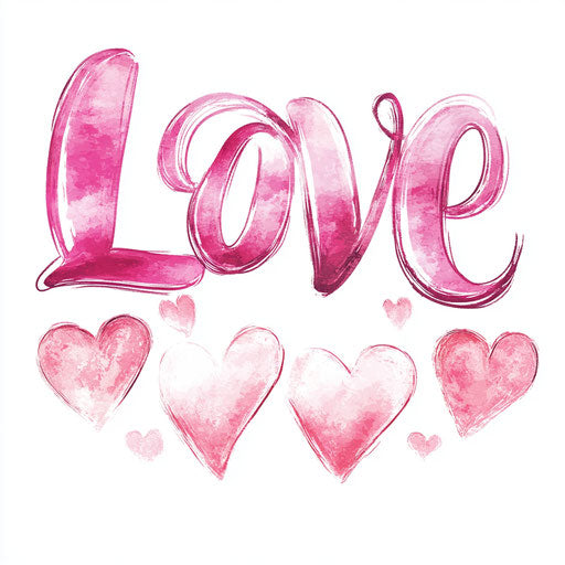 Love in cursive style, pink hearts, clipart style