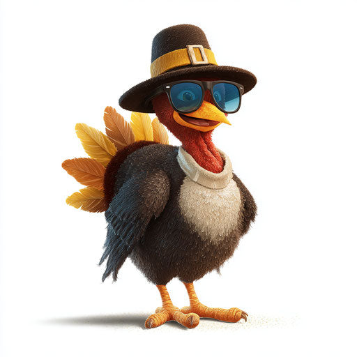 A cool turkey with a pilgrim hat and sunglasses