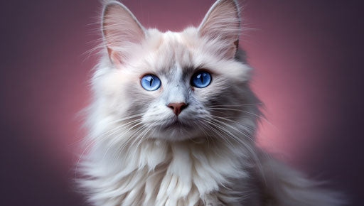White grey blue cat staring camera light dark colors