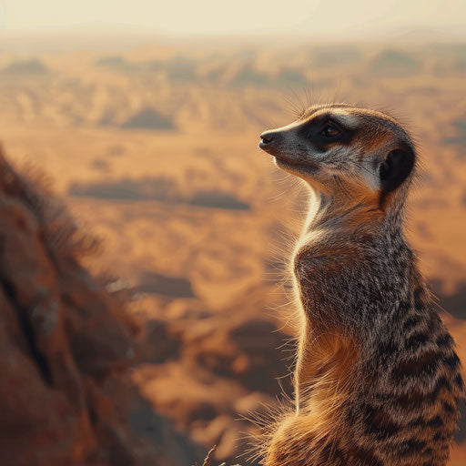 Meerkat on lookout, blurred desert landscape
