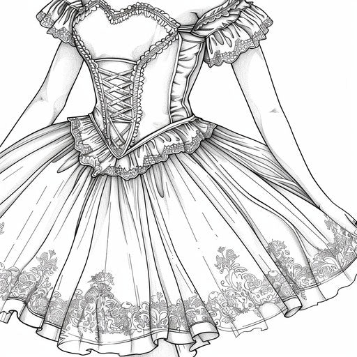 Ballerina's tutu with intricate lace, coloring page