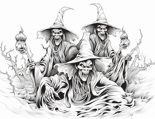 Three scary witches coloring page