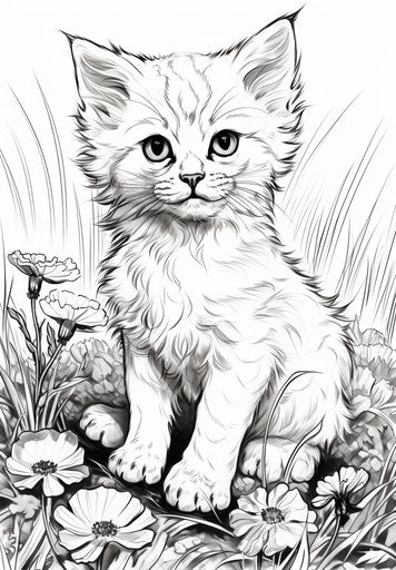 Cartoon kitten sitting in grass, meticulous inking style