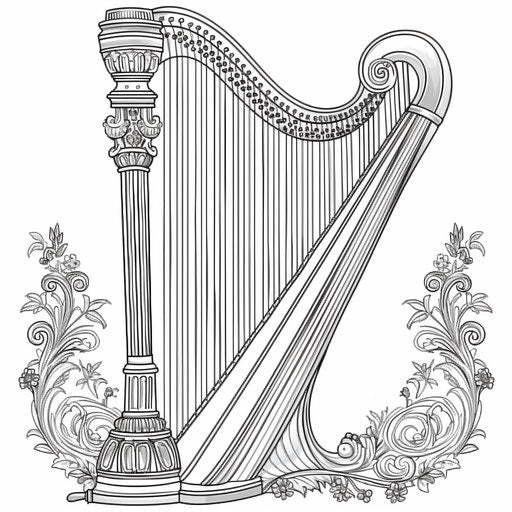 A detailed illustration of a harp with elegant strings