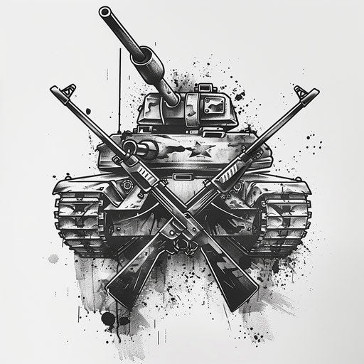 Detailed army tattoo in black ink with tank and crossed rifles