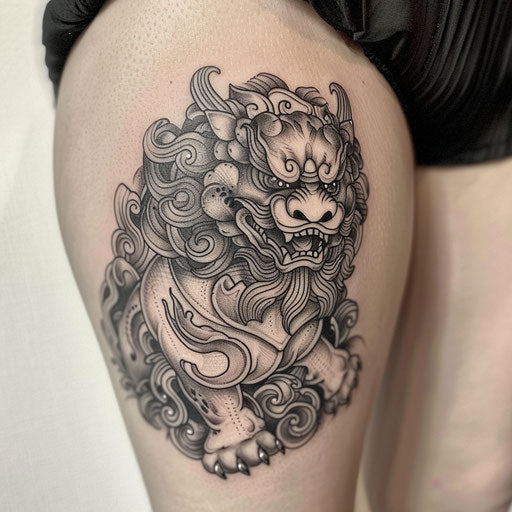 Blackwork foo dog tattoo on white canvas