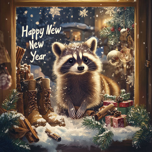 Winter raccoon celebrating the new year