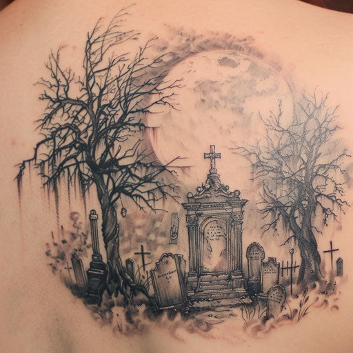 Eerie gothic cemetery scene with full moon and ancient tombstones